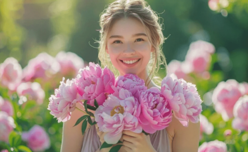 Lively Woman Holding Beautiful Pink Flowers